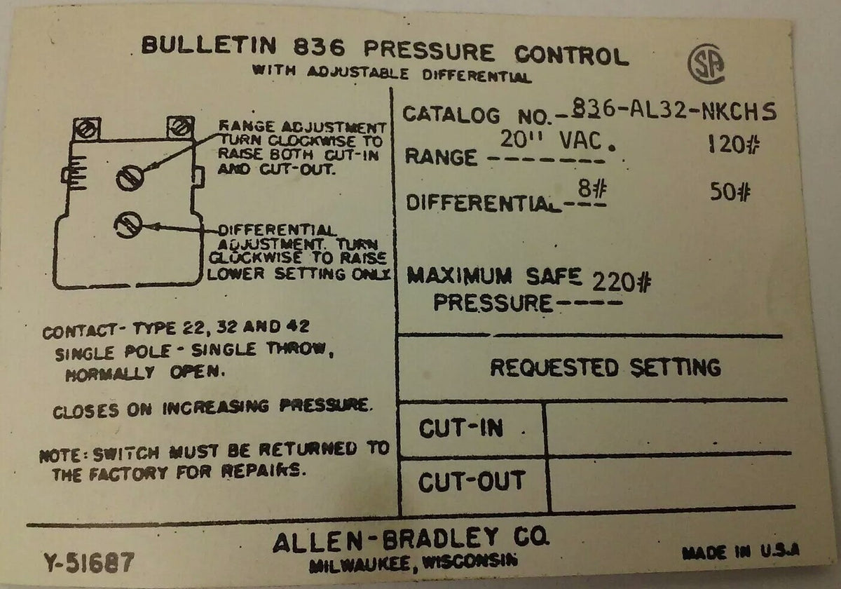 ALLEN BRADLEY 836-AL32-NKCHS, SERIES A, PRESSURE SWITCH, NEW
