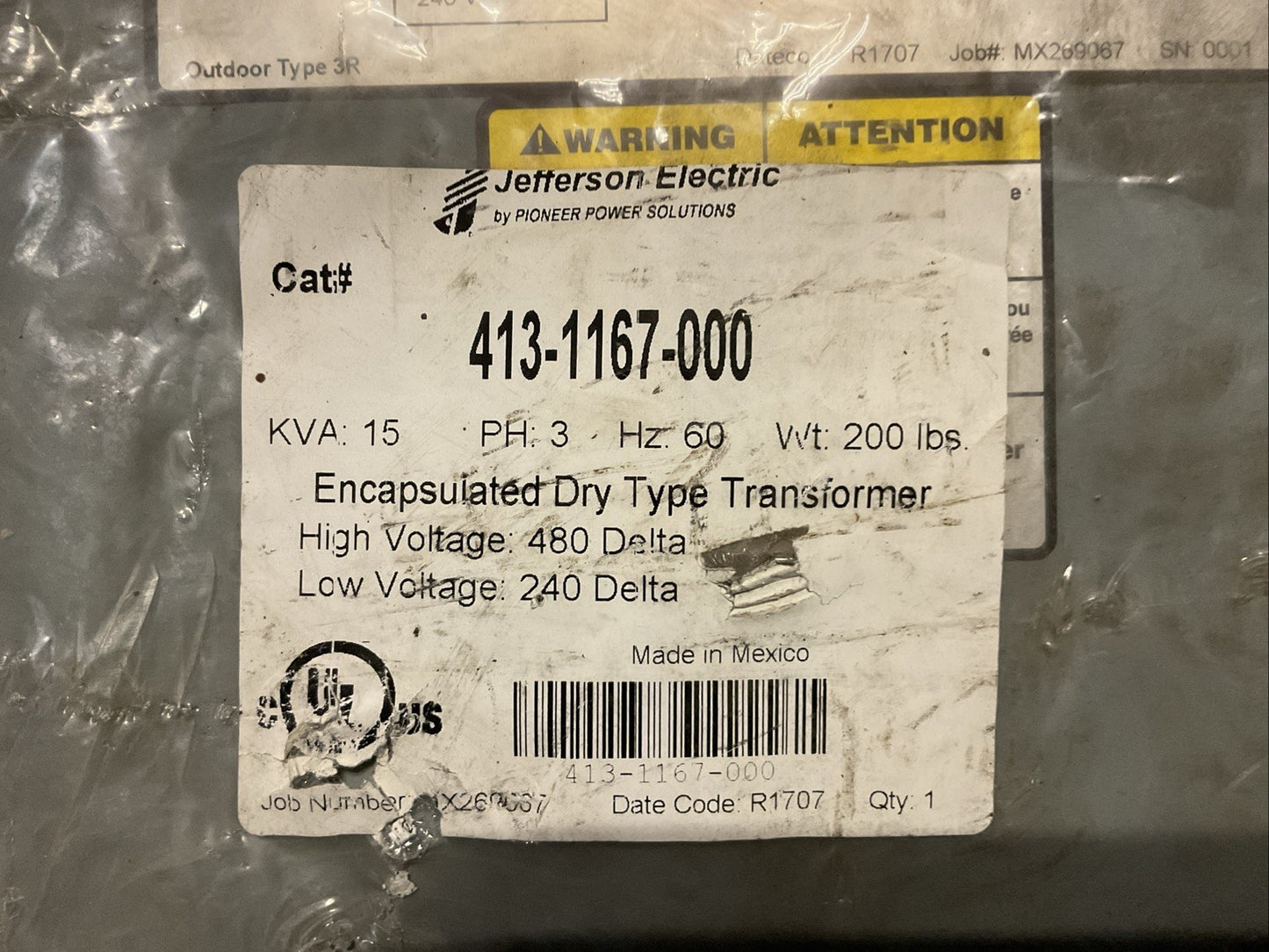 JEFFERSON ELECTRIC 413-1167-000 15KVA 3PH 60HZ HIGH VOLTAGE 480 DELTA LOW VOLTAG