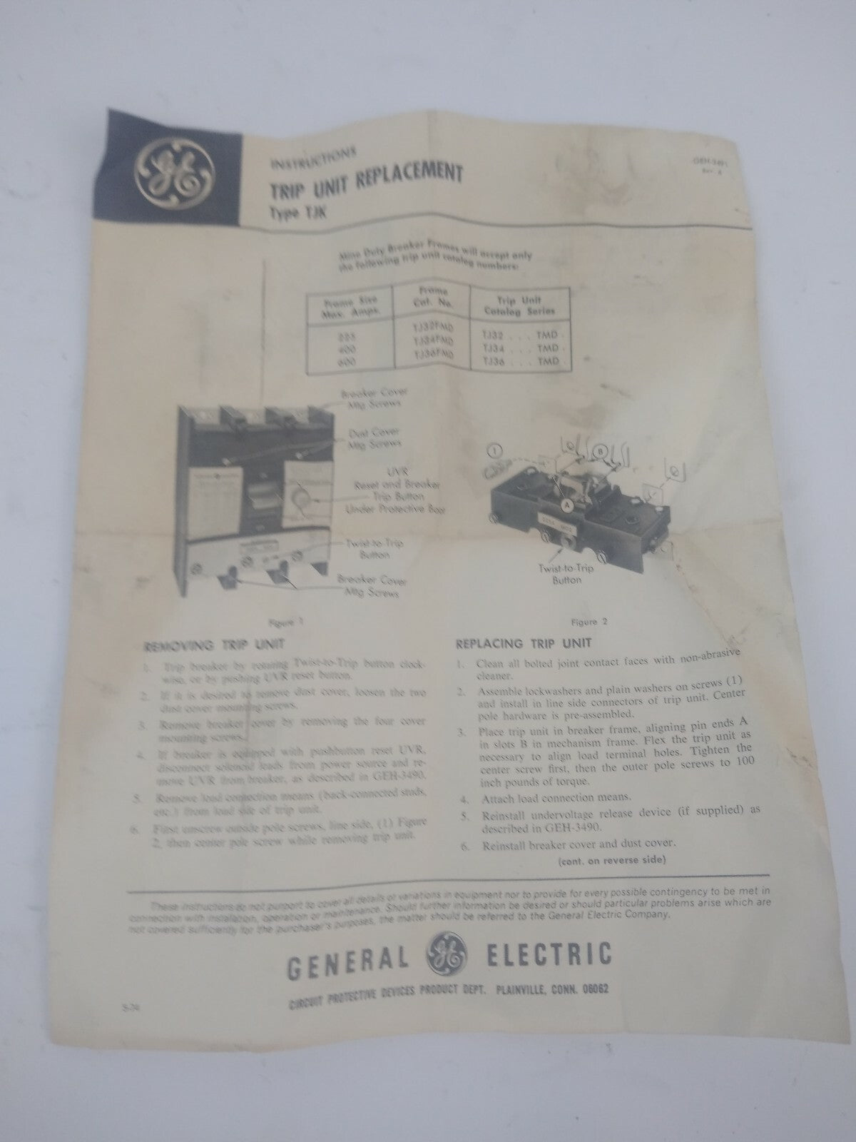 GENERAL ELECTRIC GE TJ34400TMDZ BREAKER TRIP UNIT 400A 3P TJD400 W/INSTRUCTIONS