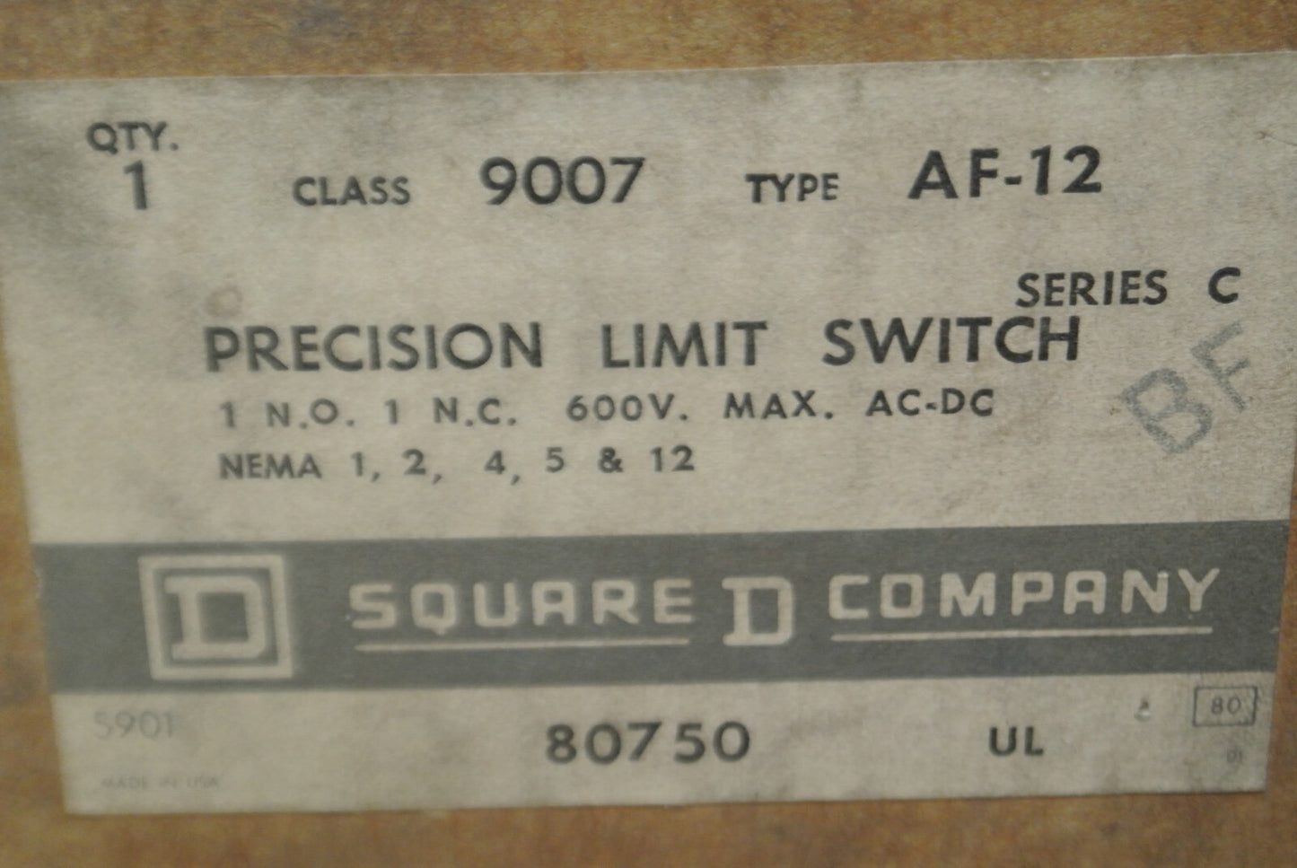 SQUARE D 9007 AF-12 Ser. C LIMIT SWITCH 600VAC/DC / 1 N.O. / 1 N.C. NEW SURPLUS