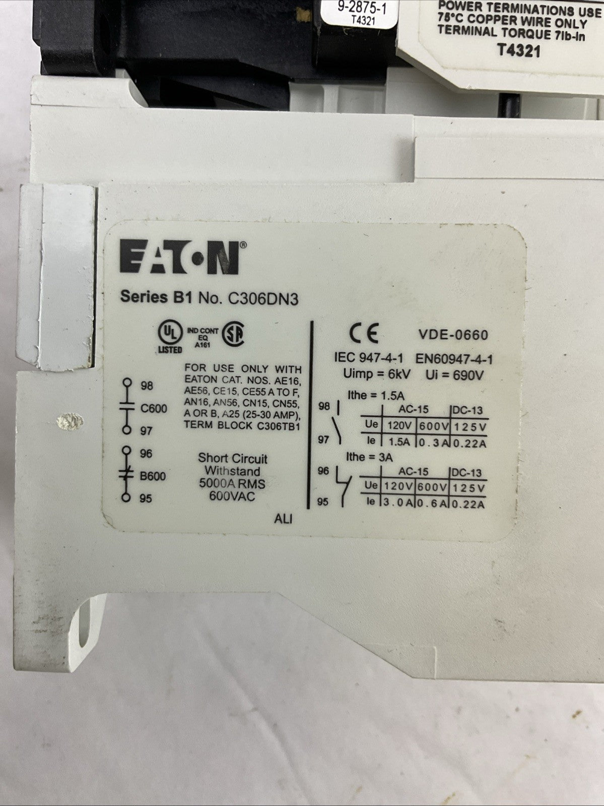 EATON STARTER AE16BNS0 600VAC 10A 3PH 7.5HP 3POLE COIL 120V C306DN3 NO HEATERS