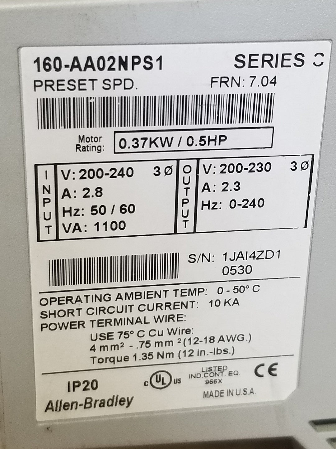 Allen Bradley Preset Speed 160-AA02NPS1 FRN: 7.04 0.37KW 0.5HP