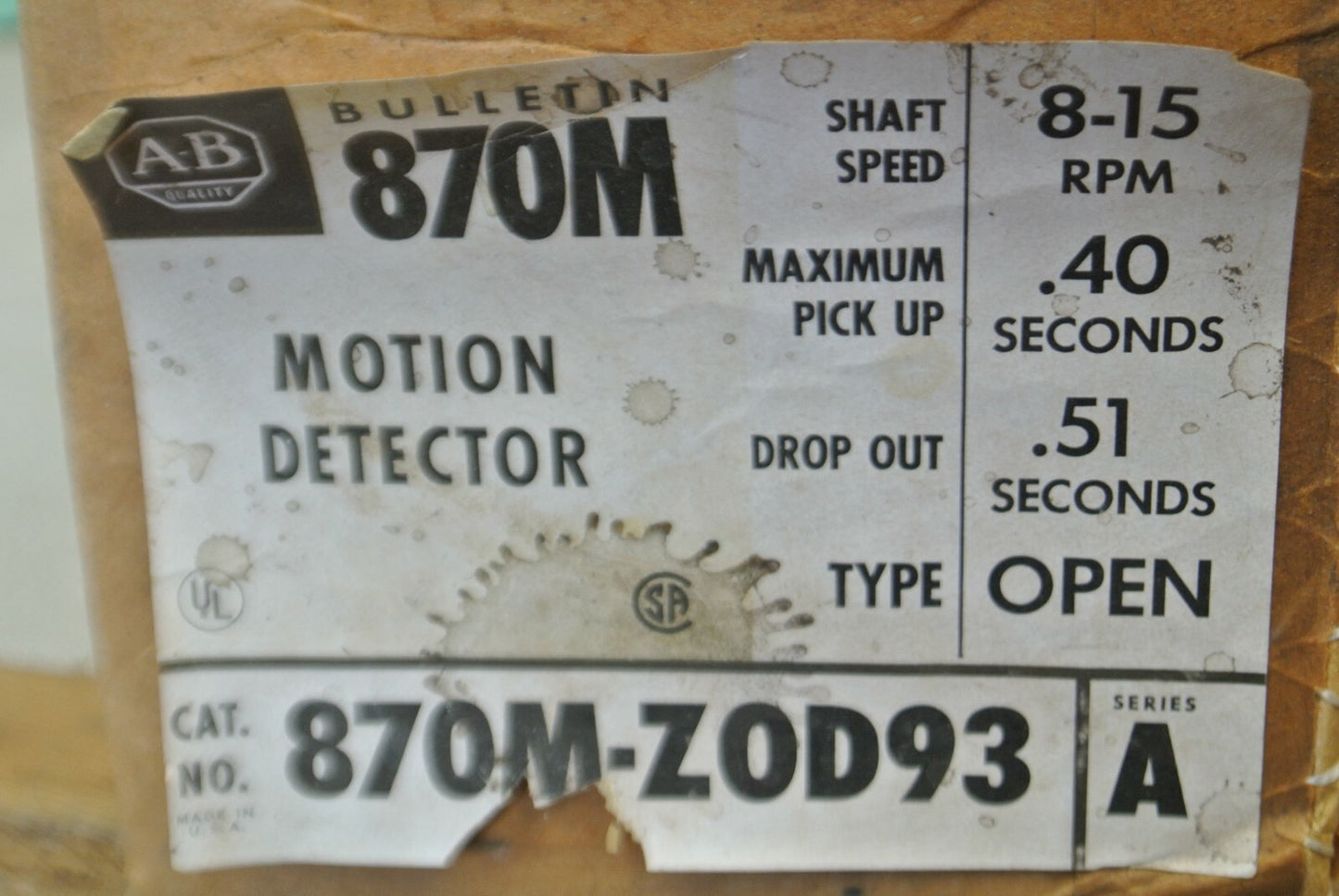 ALLEN-BRADLEY 870M-ZOD93 Ser. A / MOTION DETECTOR 8-15 RPM / NEW SURPLUS