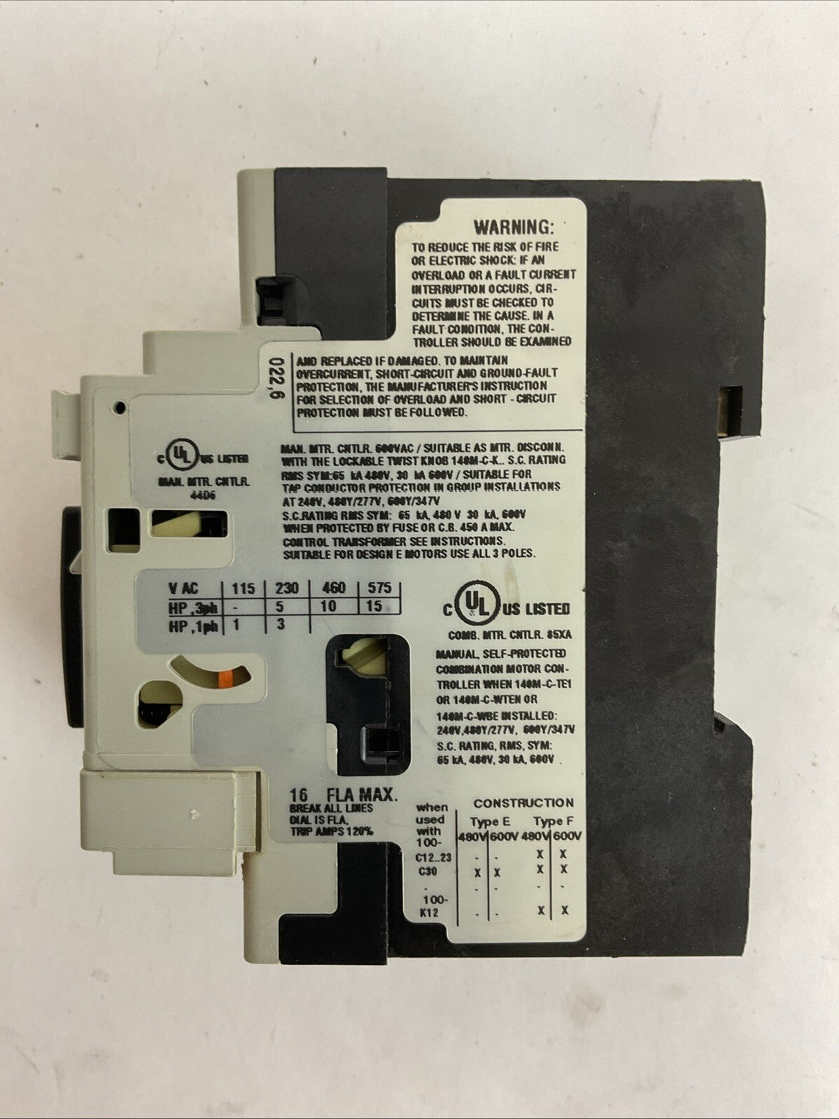 ALLEN BRADLEY 140M-D8E-C16 SER C MOTOR CIRCUIT BREAKER 10-16A 140M-C-AFA11