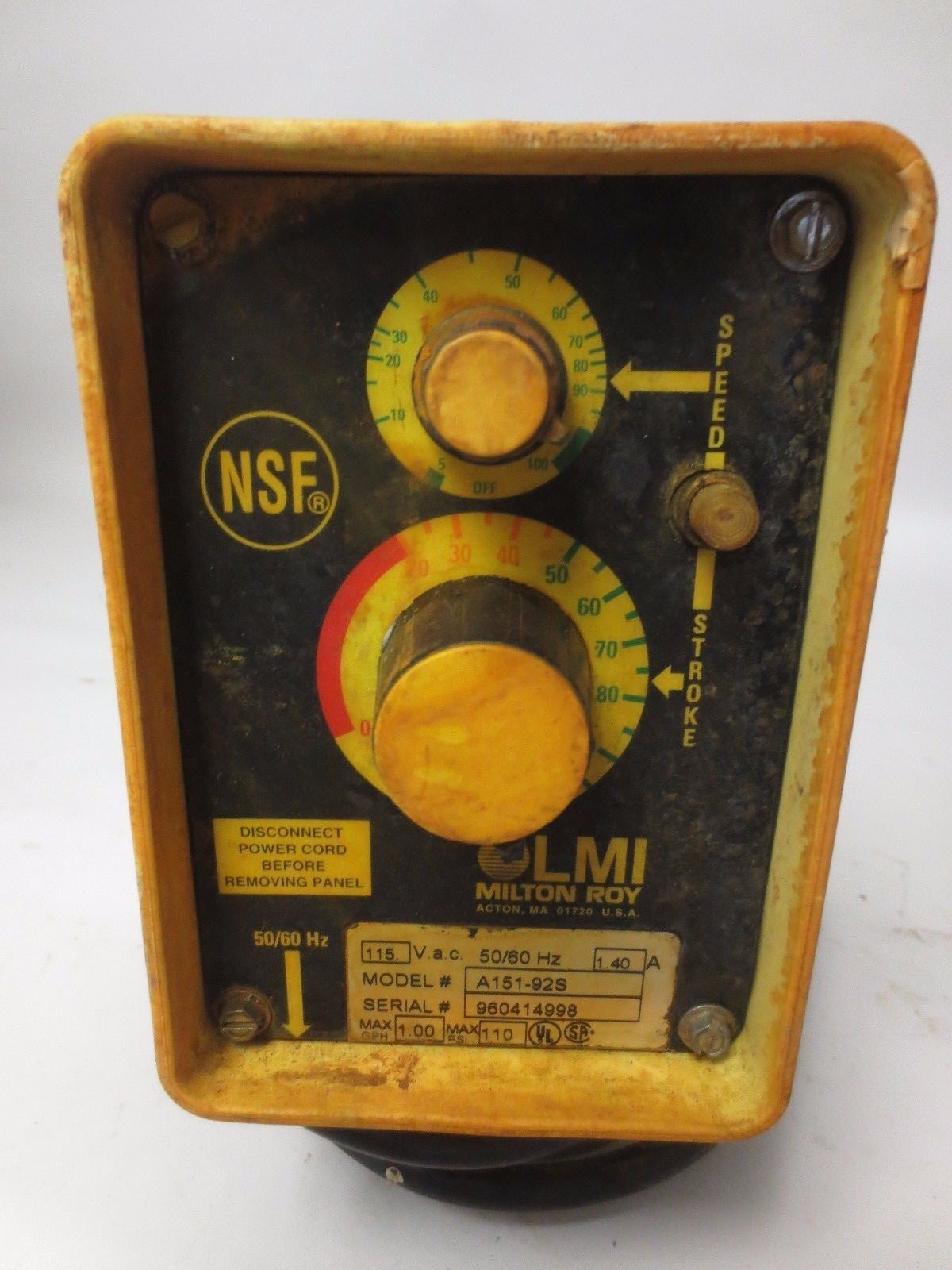 LMI MILTON ROY A151-92S ELECTROMAGNETIC DOSING / METERING PUMP 115V 1.40A 1.0GPD