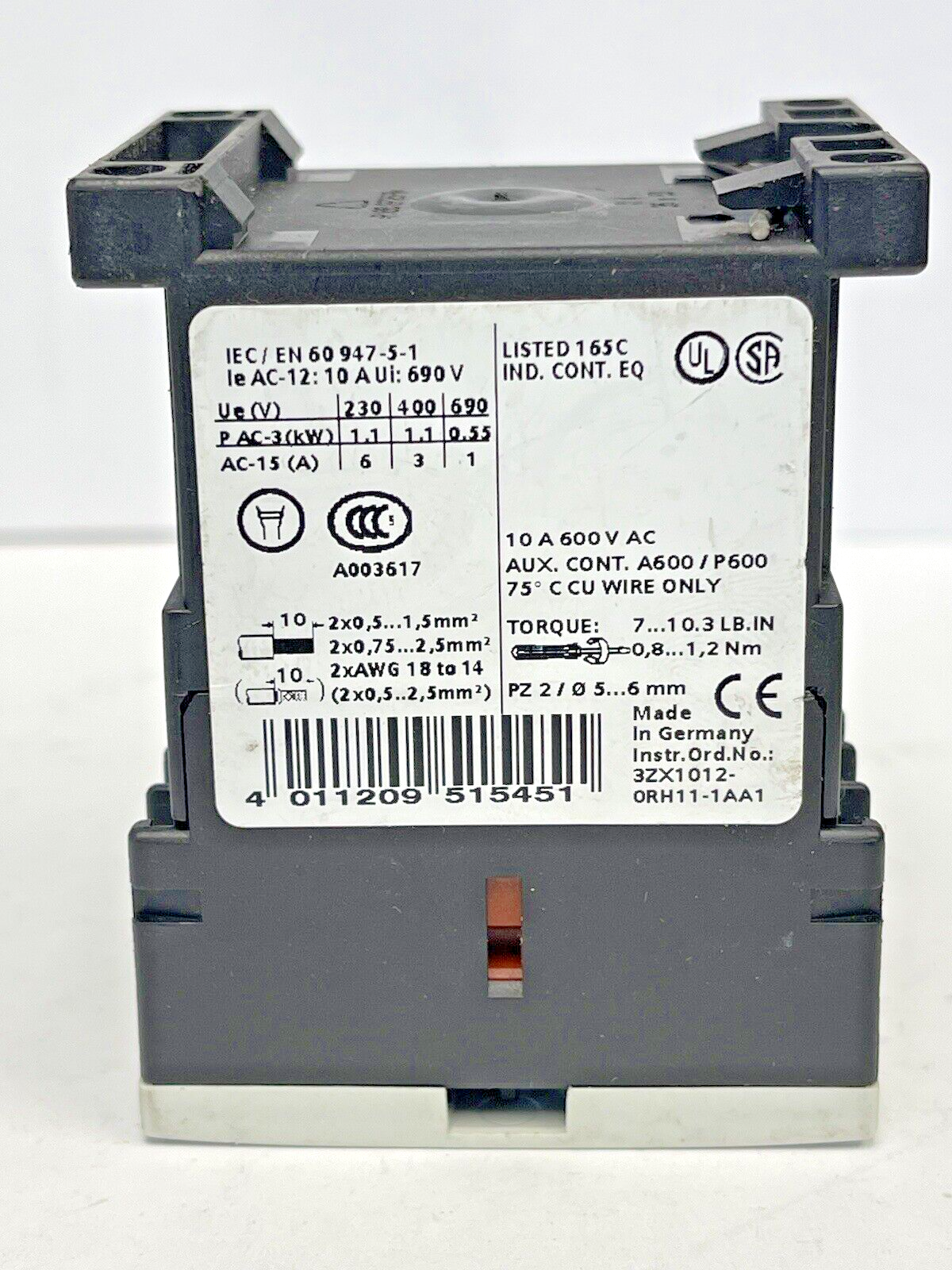 SIEMENS - 3RH1122-1WB40 - AUXILIARY CONTACT - 10 AMP, 600 VAC