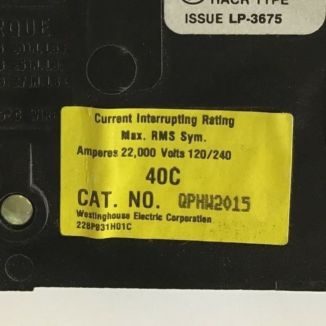 WESTINGHOUSE QPHW2015 CIRCUIT BREAKER 120/240VAC 2POLE QUICKLAG