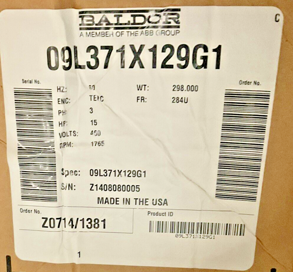 BALDOR 15HP 1765RPM 18A MOTOR W/ STEARN 108705100GLF BRAKE REV.B 50LB-FT