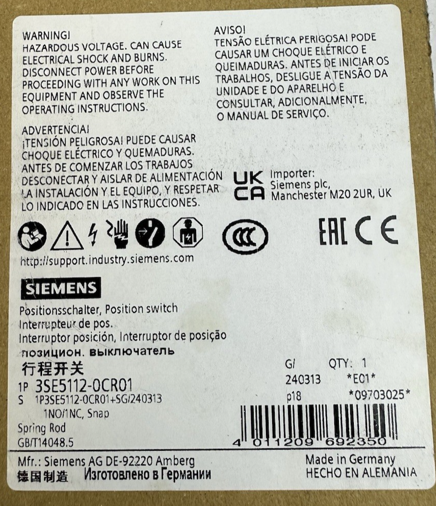 SIEMENS 3SE5112-0CR01 240V 6A WOBBLE STICK LIMIT SWITCH