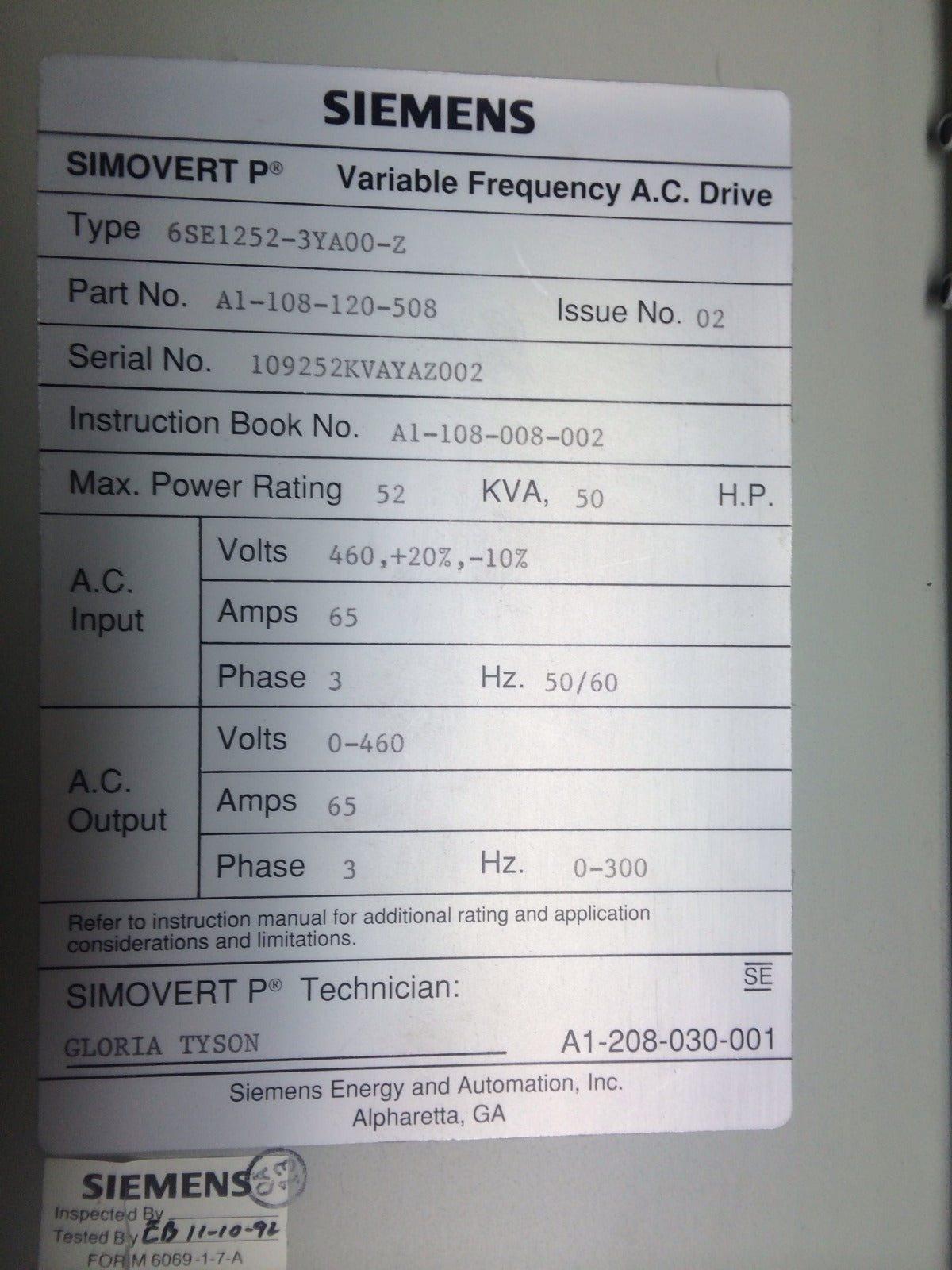 SIEMENS SIMOVERT P 460VAC DRIVE 50HP 6SE1252-3YA00-Z 6SE1200-1GA31-1