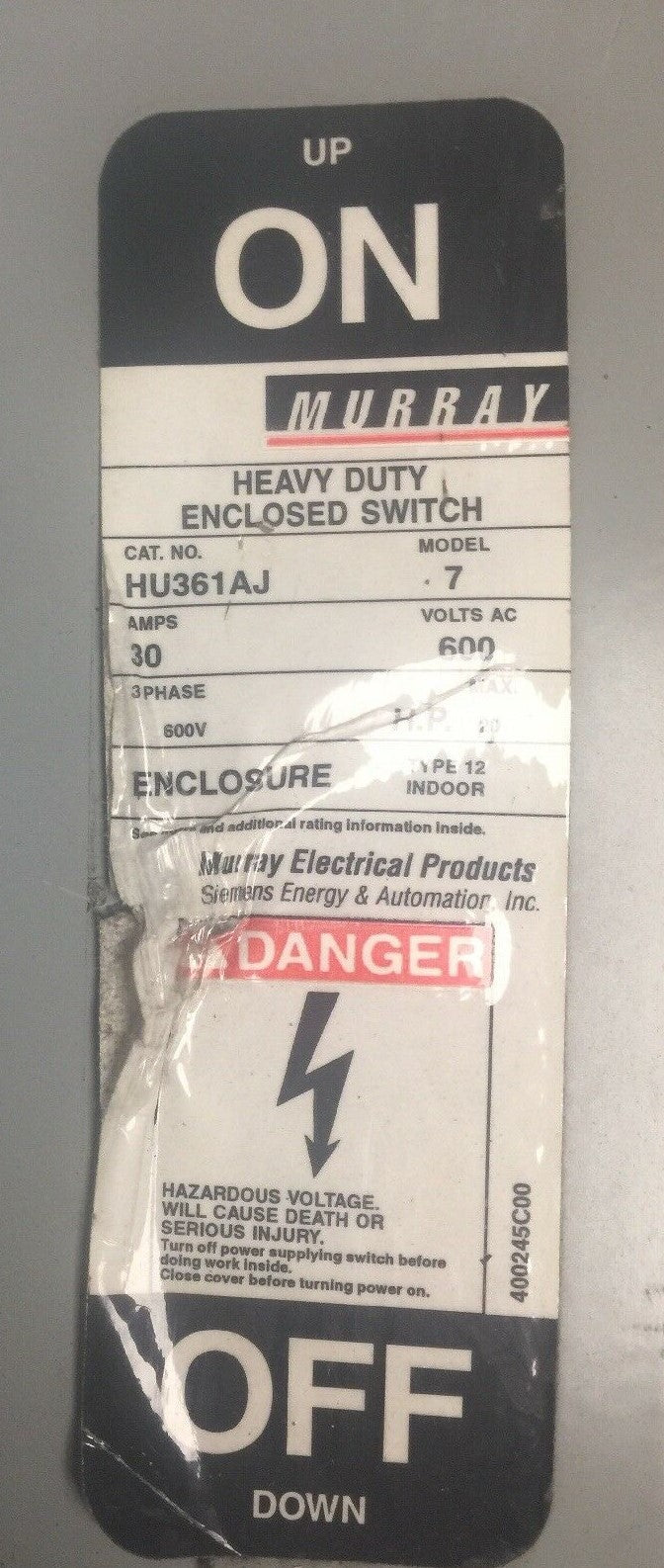 MURRAY HU361AJ HEAVY DUTY ENCLOSED SWITCH 30AMP 600VAC 3 PHASE 20HP TYPE 12