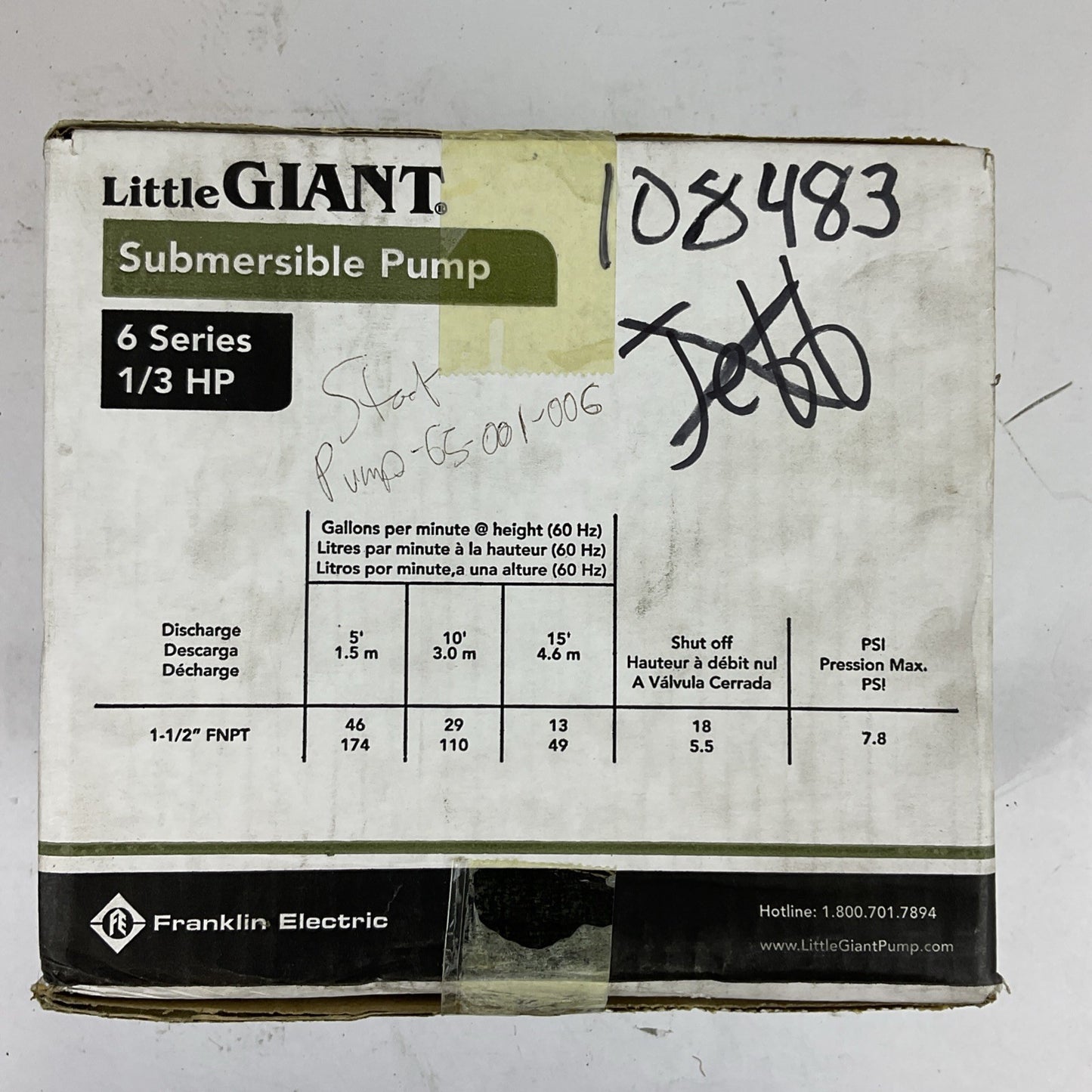 LITTLE GIANT 6-CIA SUMP PUMP 6 SERIES 1/3HP 46GPM @ 5FT/18FT MAX 115VAC 9.0A