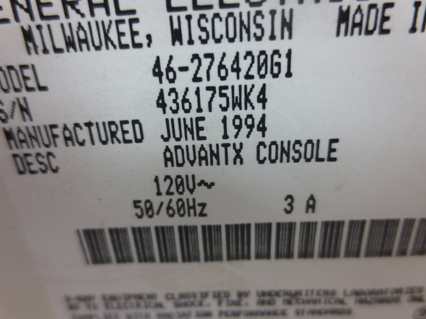 GE 46-276420G1 ADVANTX LFX CONSOLE - 120V, 60Hz, 3A - for PARTS or REPAIR