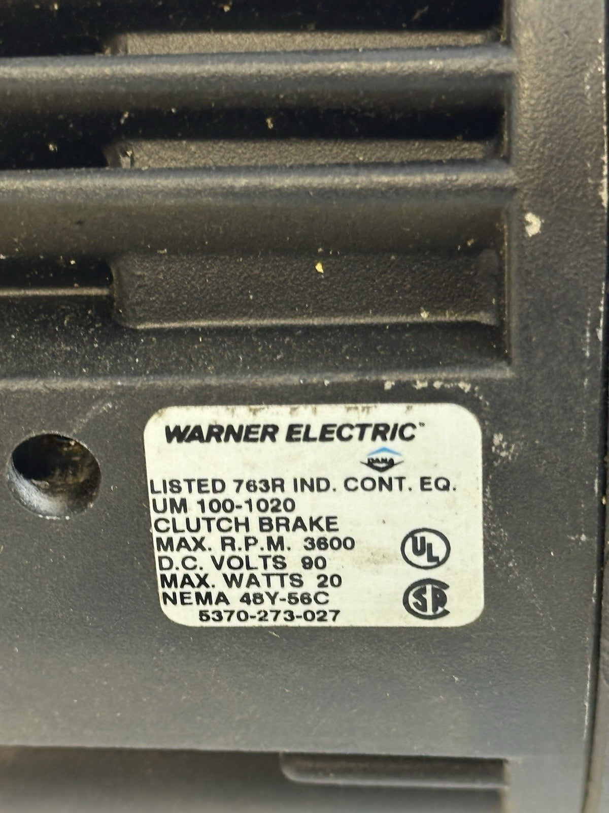 WARNER ELECTRIC UM 100-1020 CLUTCH BRAKE 90VC NEMA 48Y/56C 3600 RPM 5370-273-027