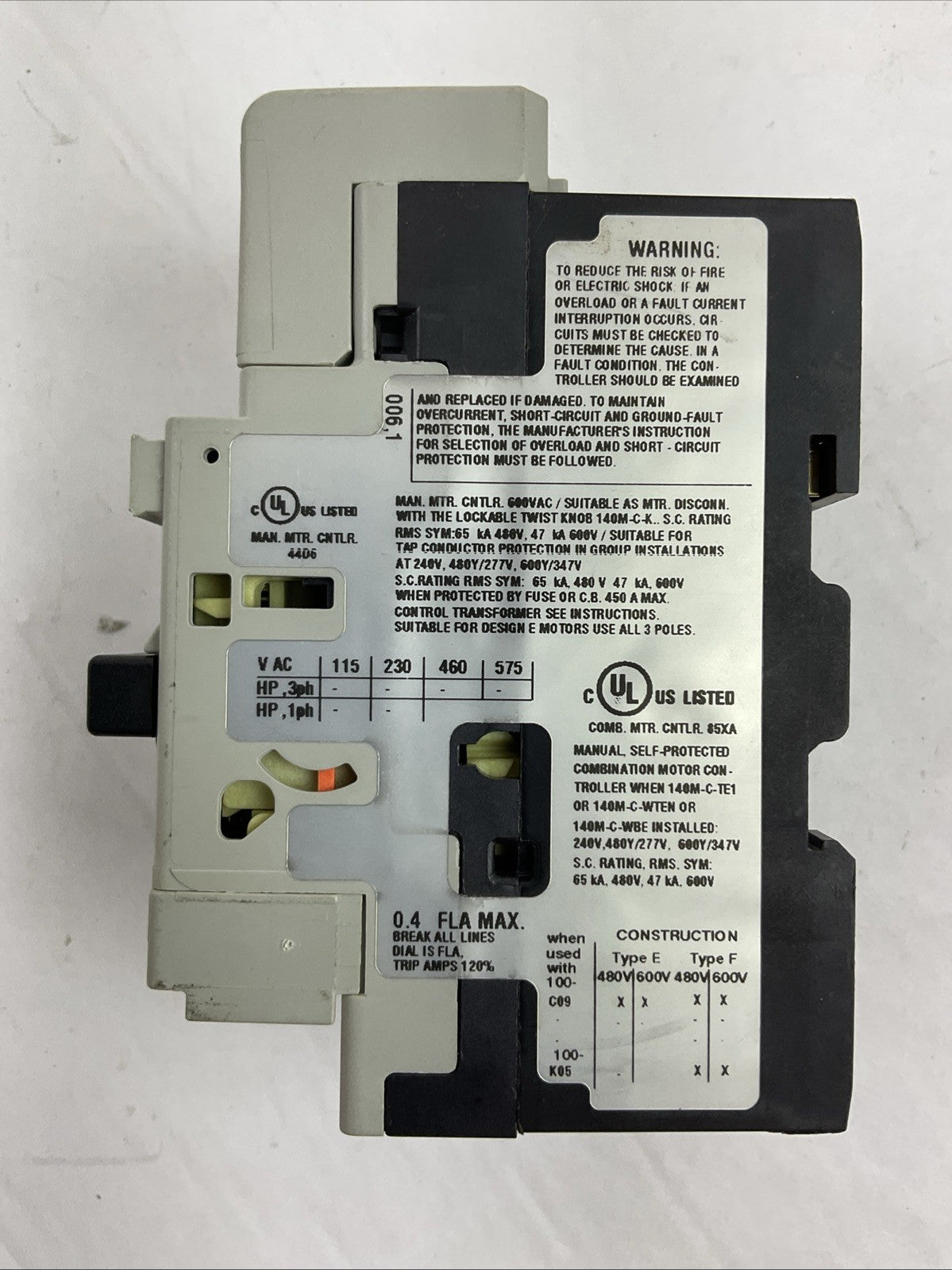 ALLEN-BRADLEY 140M-C2E-A40 SER C MOTOR CIRCUIT BREAKER 140M-C-AFA11 140M-C-TE1