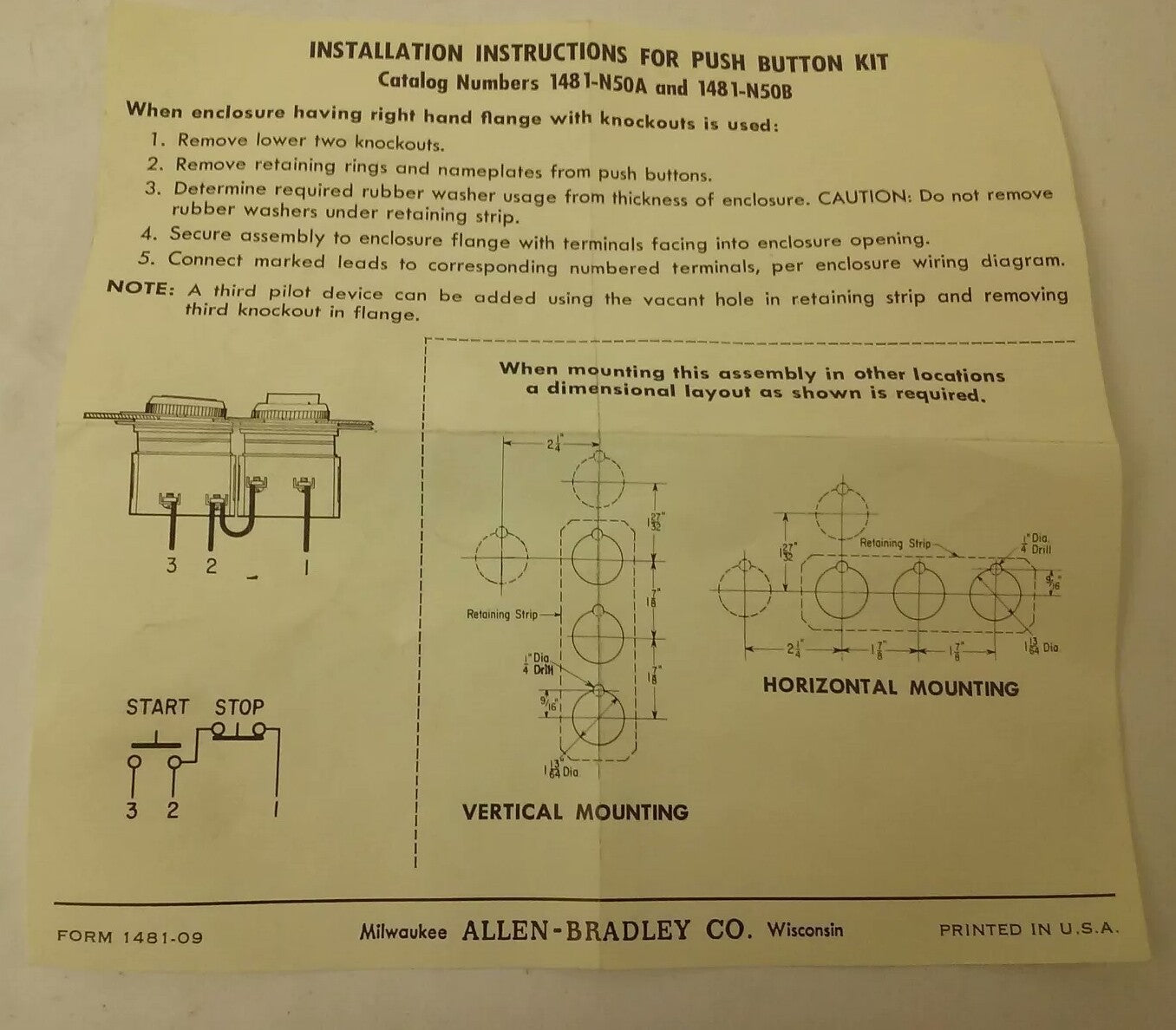 ALLEN BRADLEY 1481-N50A SER.A PUSH BUTTON KIT SIZES 0-1-2-3, START STOP, 800TXD1