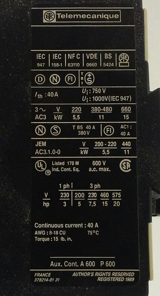 TELEMECANIQUE LC1D2510L6 - CONTACTOR - 208V, 60Hz - 11kW-380/415V, 15HP-460V
