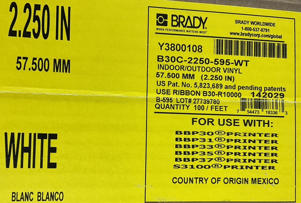 BRADY B30C-2250-595-WT INDOOR/OUTDOOR WHITE VINYL 2.25"