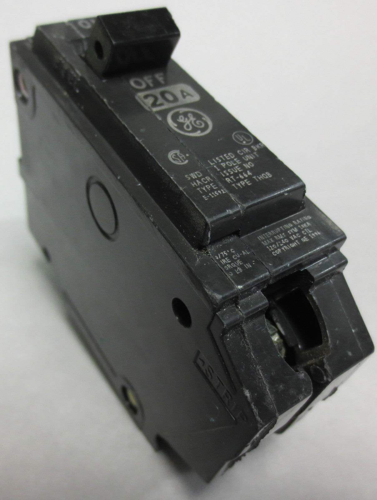 GENERAL ELECTRIC SWD HACR TYPE RT-664 / THQB 20A 1 POLE CIRCUIT BREAKER