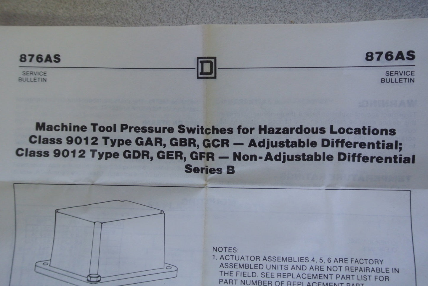 SQUARE D 9012 GAR26 MACHINE TOOL PRESSURE SWITCH, TYPE G - NEW SURPLUS