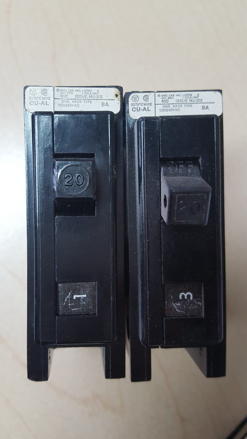 WESTINGHOUSE Single Pole 20 Amp Breaker lot of 2 120/240VAC HACR TYPE