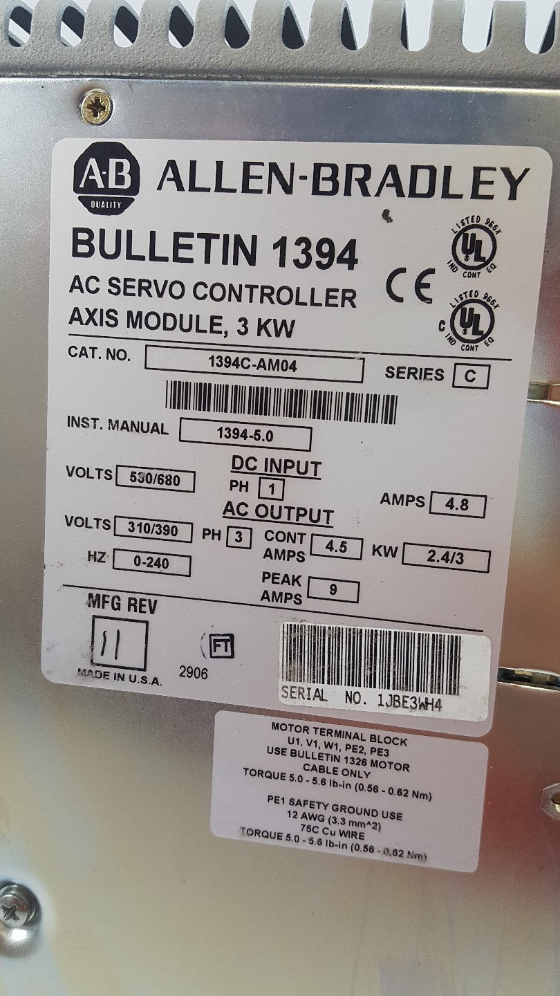 Allen Bradley 1394C-AM04 Ser C 3 KW AC SERVO CONTROLLER AXIS MODULE