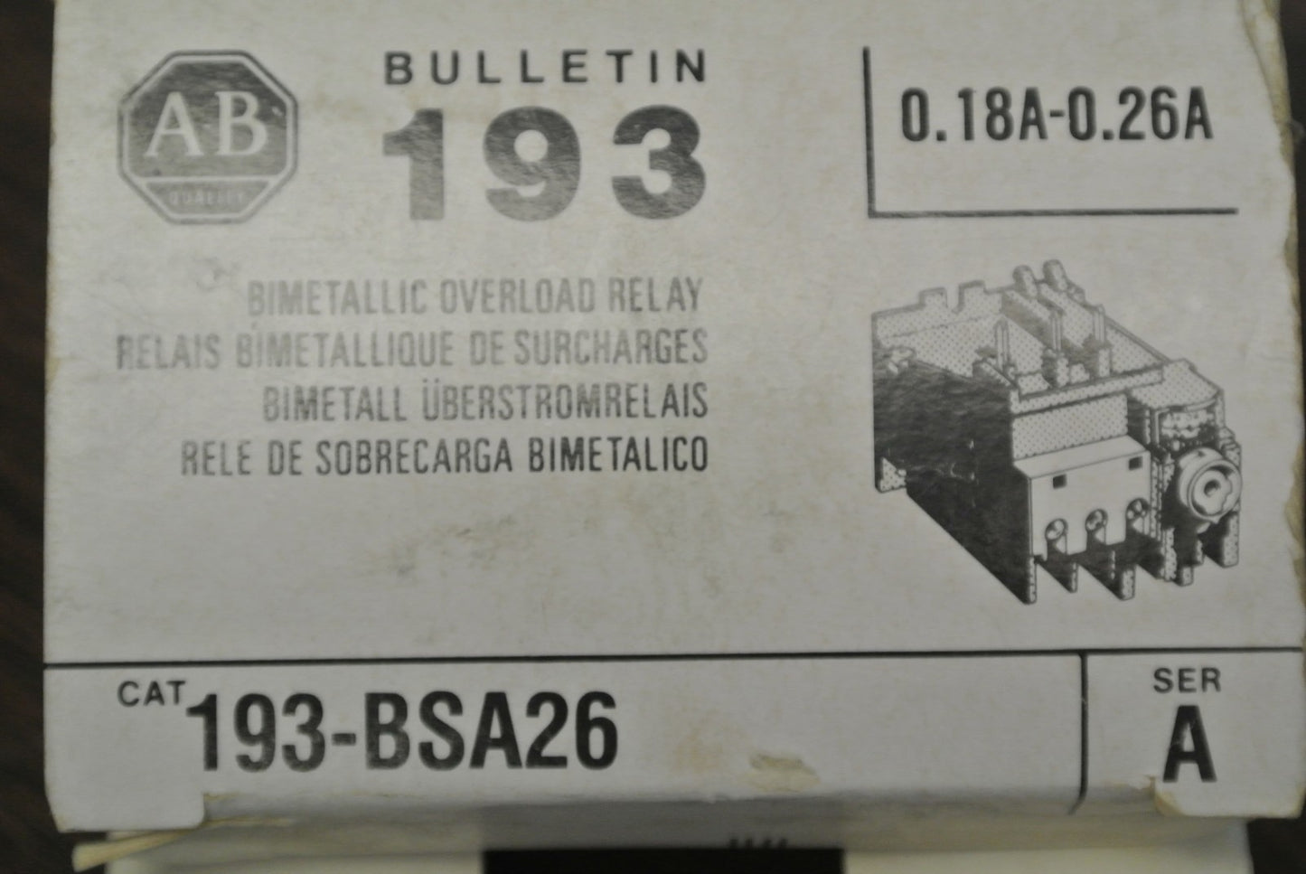 ALLEN-BRADLEY 193-BSA26 BI-METALLIC OVERLOAD RELAY 0.18A-0.26A / NEW SURPLUS