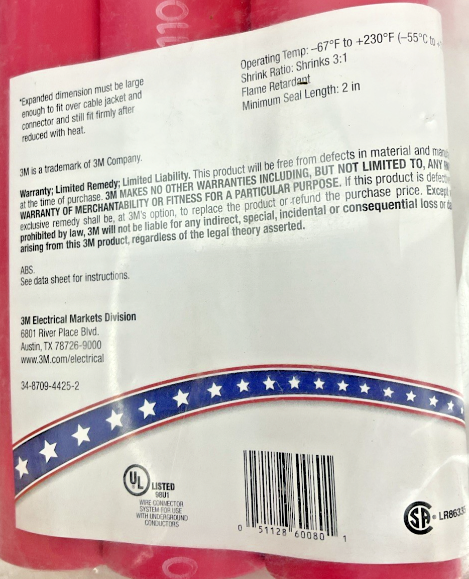 3M HEAT SHRINKING TUBING 2-4/0AWG 9IN 1.1"EXP.-0.37REC. RED 3PACK