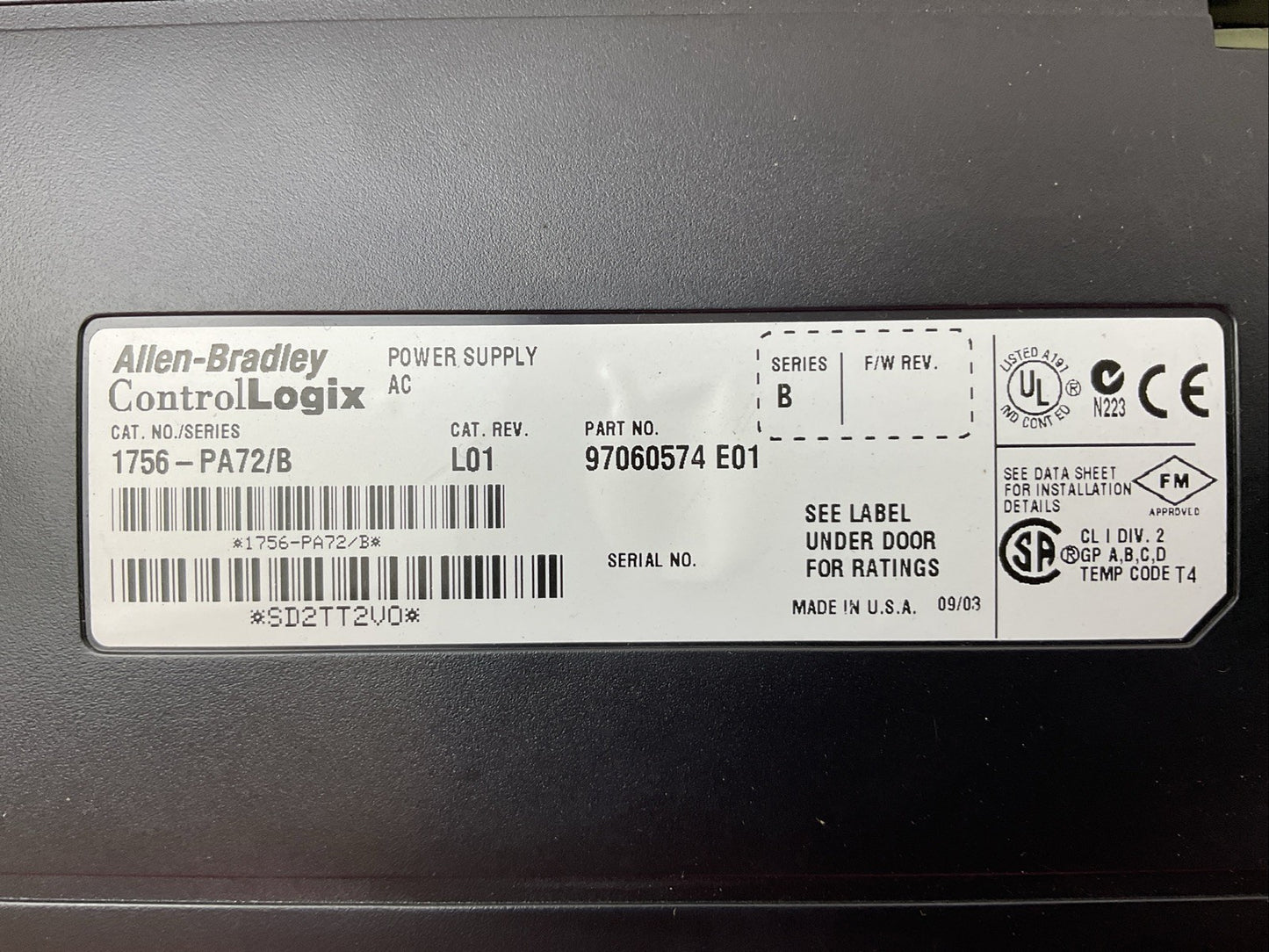 ALLEN-BRADLEY 1756-PA72 SER B CAT REV L01 POWER SUPPLY AC