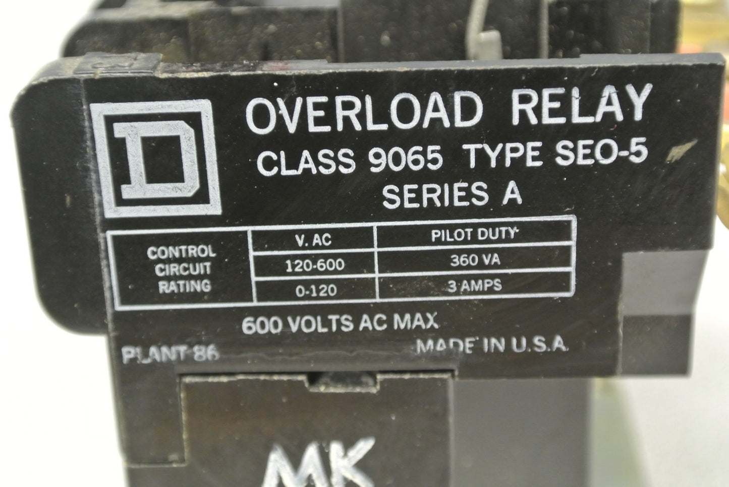 SQUARE D 9065 SEO-5 THERMAL OVERLOAD RELAY / 600VAC / 360VA / 0-120VAC / 3A