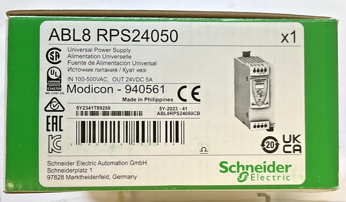 SCHNEIDER ELECTRIC ABL8RPS24050 POWER SUPPLY MODICON 940561 24VDC 5A 500VAC