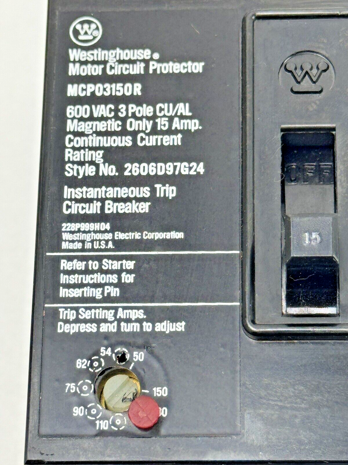 WESTINGHOUSE - MCP03150R - MOTOR CIRCUIT PROTECTOR - 3 POLE/ 15 A/ 600 VAC