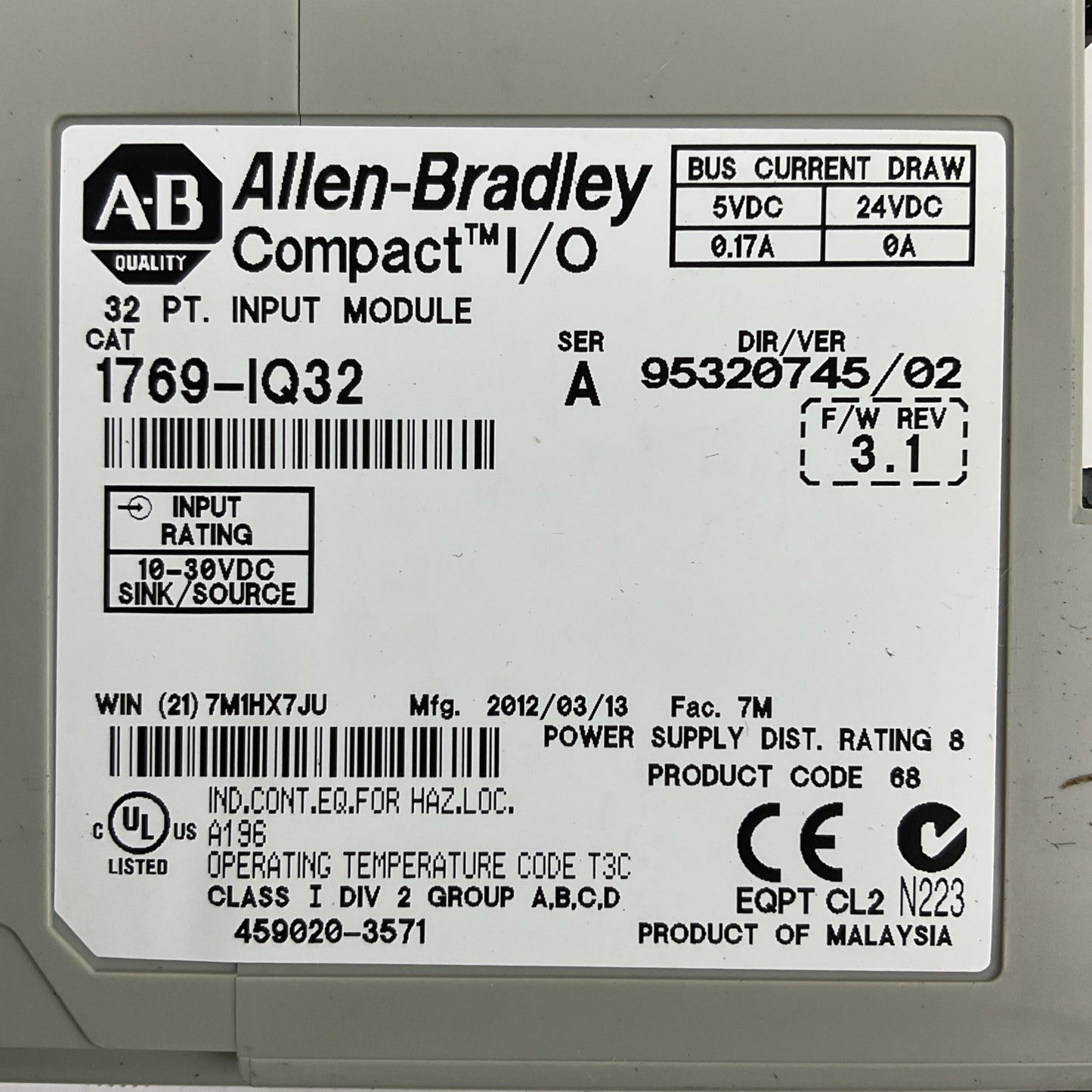 ALLEN BRADLEY 1769-IQ32 SER A F/W REV 3.1 DIR/VER 95320745/02 32PT INPUT MODULE
