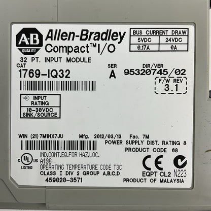 ALLEN BRADLEY 1769-IQ32 SER A F/W REV 3.1 DIR/VER 95320745/02 32PT INPUT MODULE