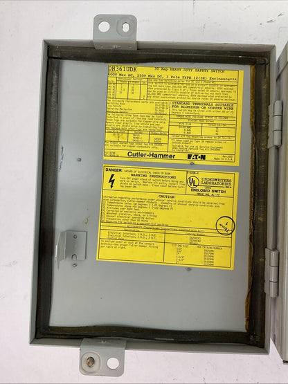 CUTLER HAMMER DH361UDK SAFETY SWITCH 600VAC 30HP 250VDC 5HP 30A 3P TYPE 12(3R)