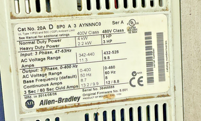 ALLEN BRADLEY 20AD8P0A3AYNNNC0 AC DRIVE POWER FLEX 70 SER A FW 5.001 5HP 9.8A