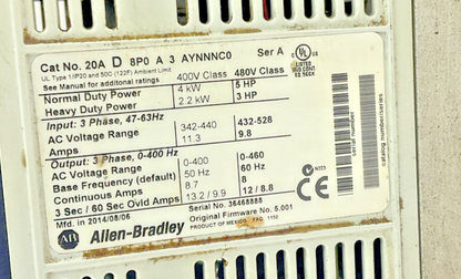 ALLEN BRADLEY 20AD8P0A3AYNNNC0 AC DRIVE POWER FLEX 70 SER A FW 5.001 5HP 9.8A