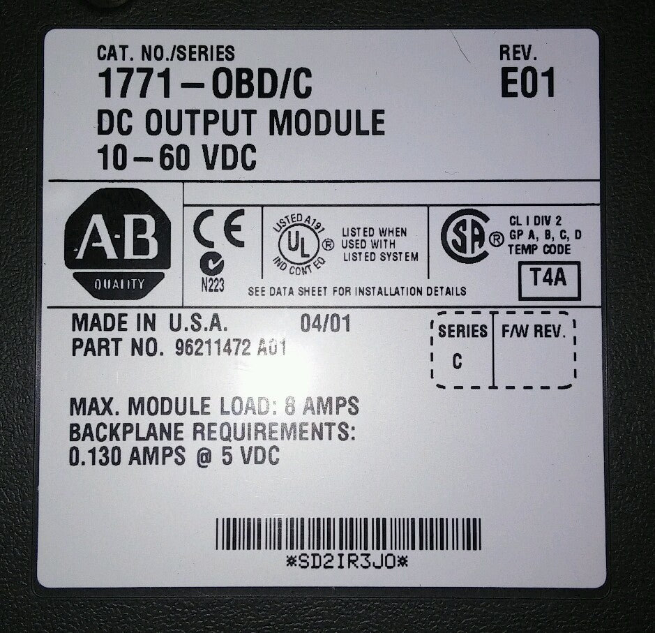 ALLEN-BRADLEY 1771-OBD/C REV E01 DC OUTPUT MODULE 10-60 VDC