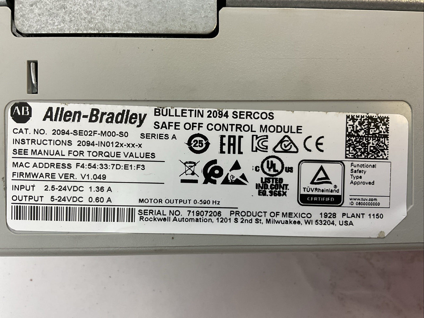 ALLEN BRADLEY 2094-BMP5-M AXIS POWER MODULE 2094-SE02F-M00-S0 SAFE OFF CONTROL