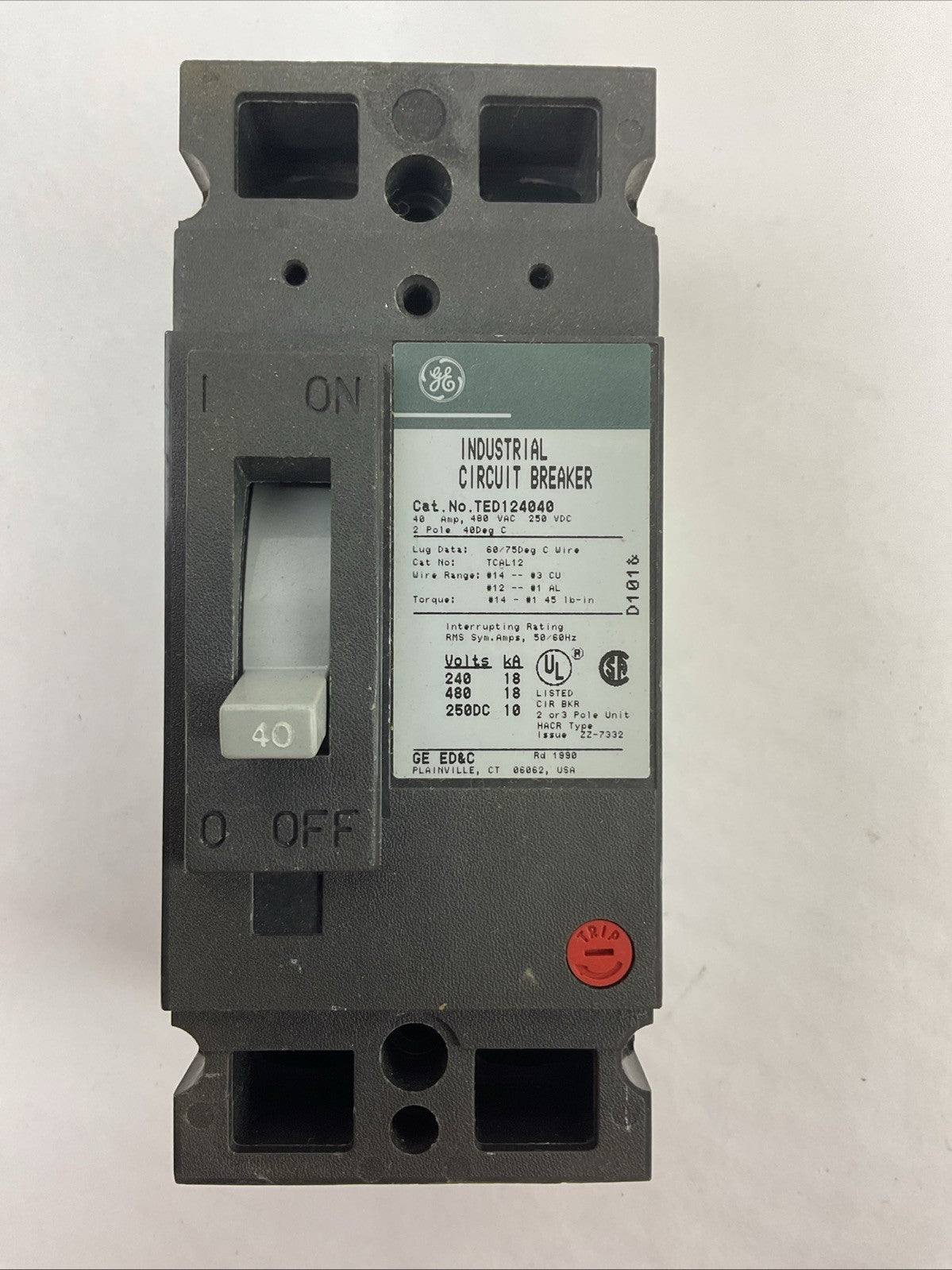 GE TED124040WL MOLDED CASE CIRCUIT BREAKER 40AMP 480VAC 250VDC 2POLE