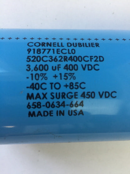 CORNELL DUBILIER 918771ECL0 CAPACITOR 520C362R400CF2D 3600 uF 400VDC -10% +15%