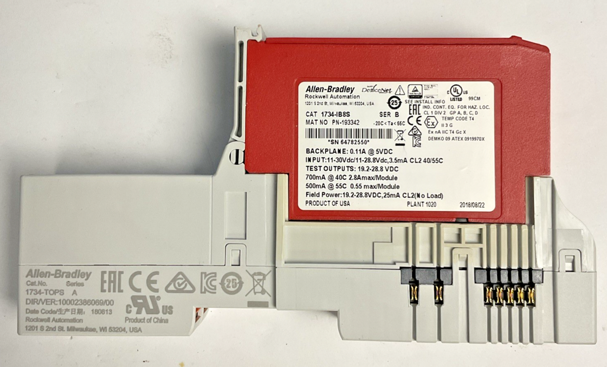 ALLEN BRADLEY 1734-IB8S SAFETY SINK INPUT MODULE SER.B 24VDC W/1734-TOPS SER.A