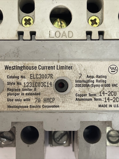 WESTINGHOUSE HMCP007C0C SER C 7A 600VAC 250VDC 3POLE ELC3007R CURRENT LIMITER 7A
