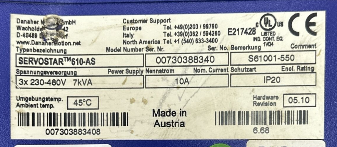 DANAHER MOTION GmbH SERVOSTAR 610-AS SERVO DRIVE 3X230-460V 7kVA 10A