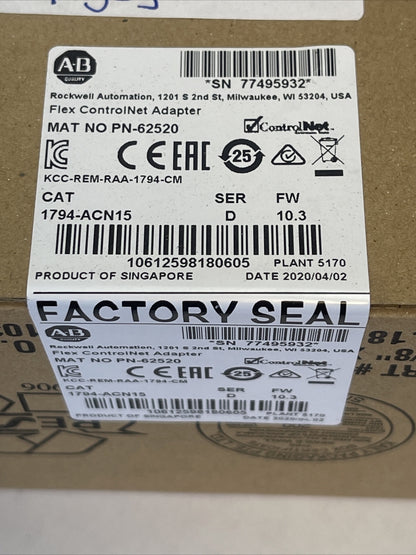 ALLEN BRADLEY 1794-ACN15 FLEX CONTROL NET ADAPTER SER D FW 10.3