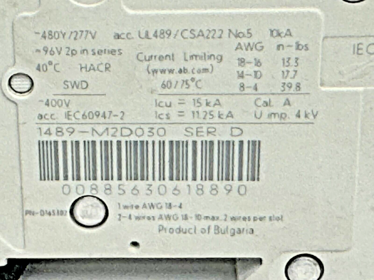 ALLEN-BRADLEY - 1489-M2D030 SER. D - CIRCUIT BREAKER - 2 P, 3 A, 277 V