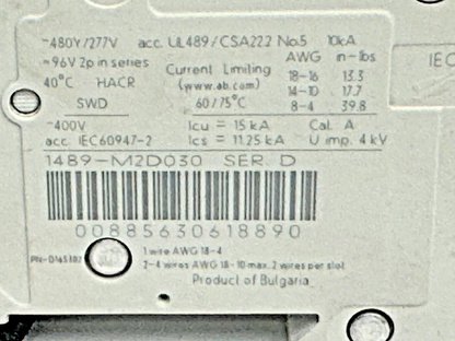 ALLEN-BRADLEY - 1489-M2D030 SER. D - CIRCUIT BREAKER - 2 P, 3 A, 277 V