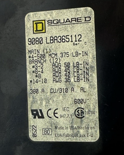 SQUARE D TERMINAL BLOCK 9080 LBA365112 380A 600V 3P