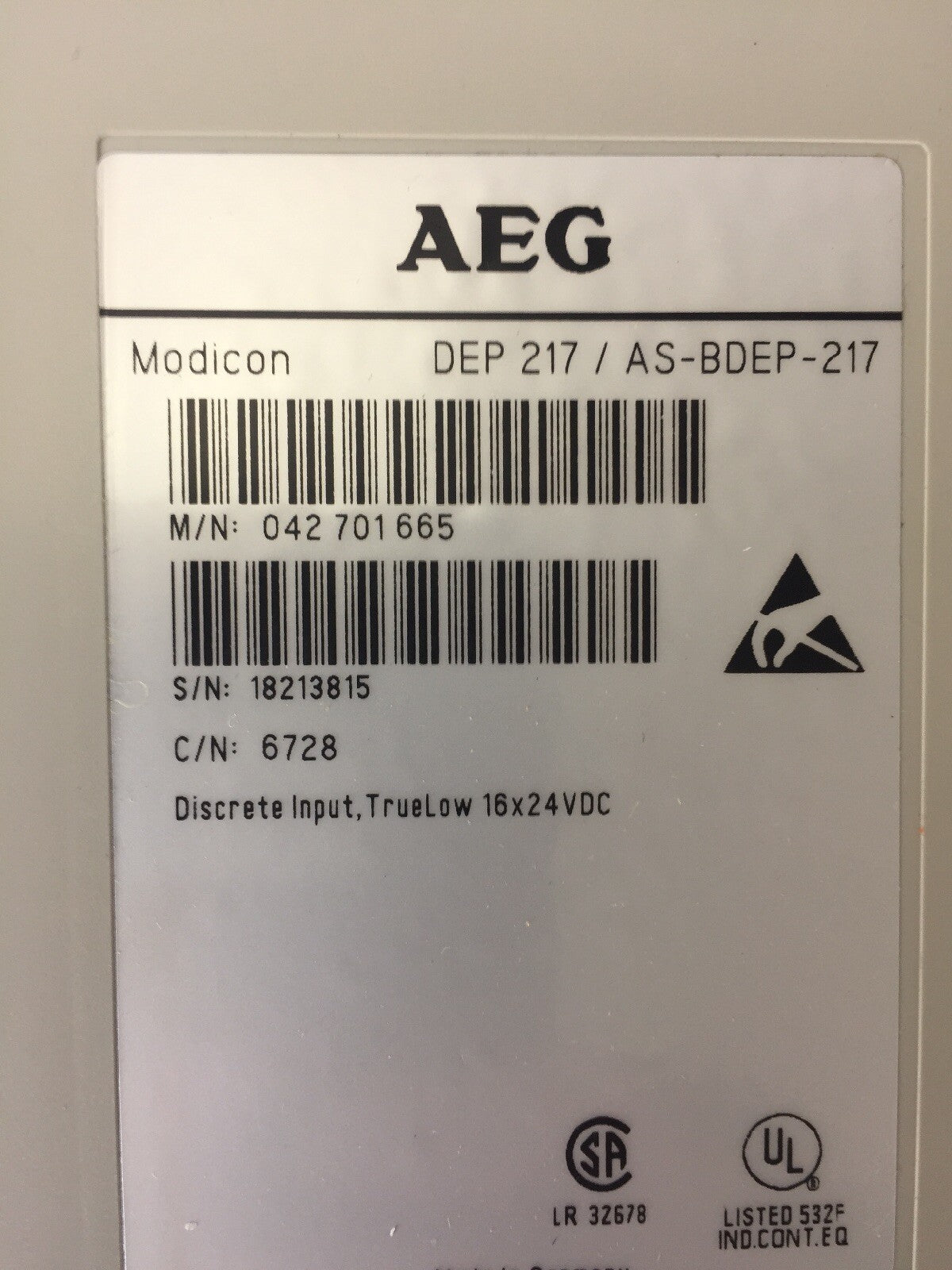 AEG MODICON DEP217/AS-BDEP-217 INPUT MODULE DISCRETE INPUT, TRUELOW 16 X 24 VDC