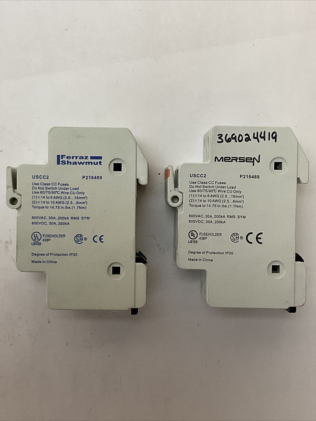 FERRAZ SHAWMUT USCC2 P216489 FUSE HOLDER USE CLASS CC FUSES 600V 30A (LOT OF 2)